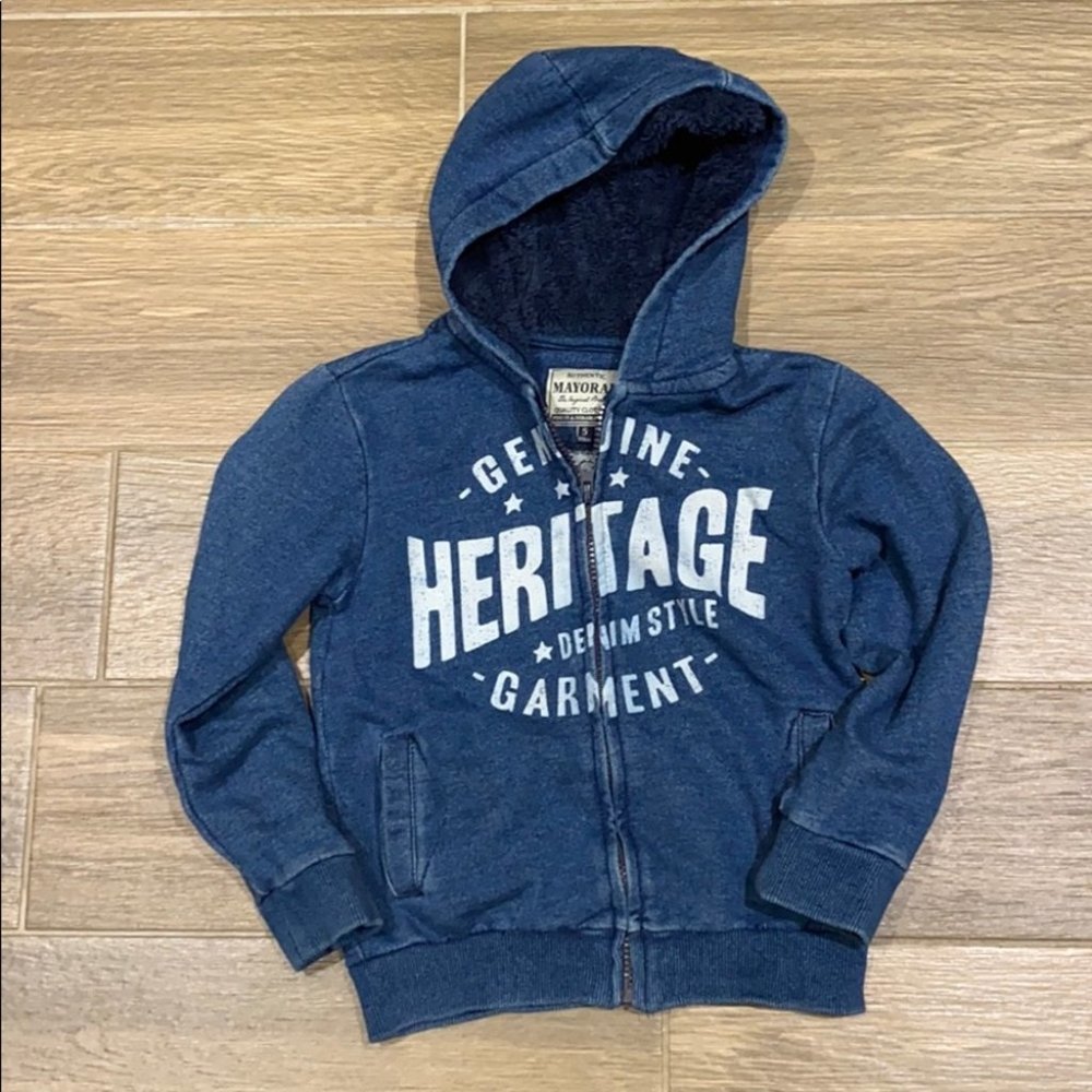 Mayoral Boys Blue Graphic Front Zip Up Long Sleeve Hooded Sweater Size 5